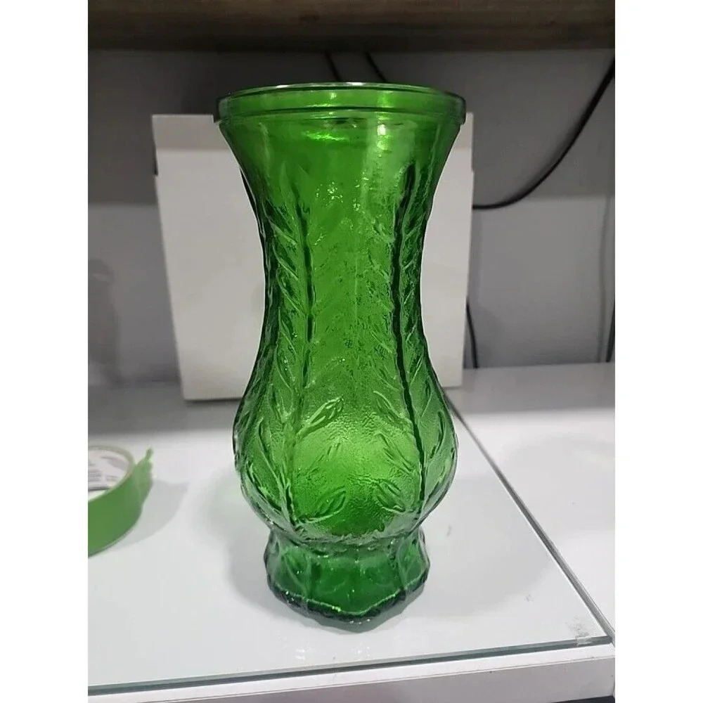 FTD Emerald Green Glass Flower Vase 10” Decorative Leaf Design Vintage 1976